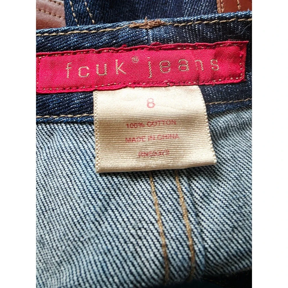 FCUK Jeans Denim Skirt Women's Size 8 Brown Leather Star Pockets Blue Pencil NEW - Picture 4 of 8